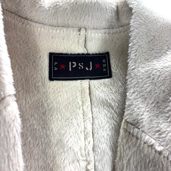 Vintage 90s/Y2K PSJ USA L.A. Tan Duster Coat Sherpa Interior Pipelined Trim M - Picture 3 of 7